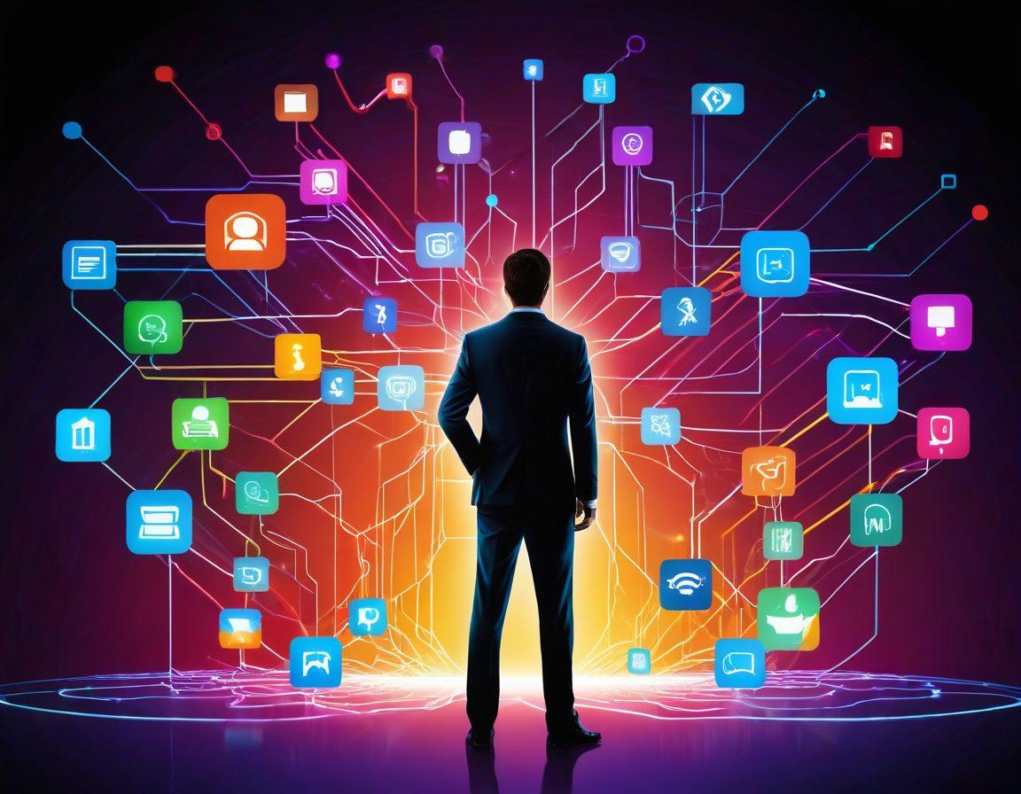 A dynamic, professional figure standing confidently in front of a glowing network of interconnected digital devices representing the internet, with vibrant colors suggesting energy and expertise. The background features subtle images of websites, social media icons, and emails, symbolizing a strong online presence. The digital network should radiate knowledge and authority. vector art. vibrant colors.