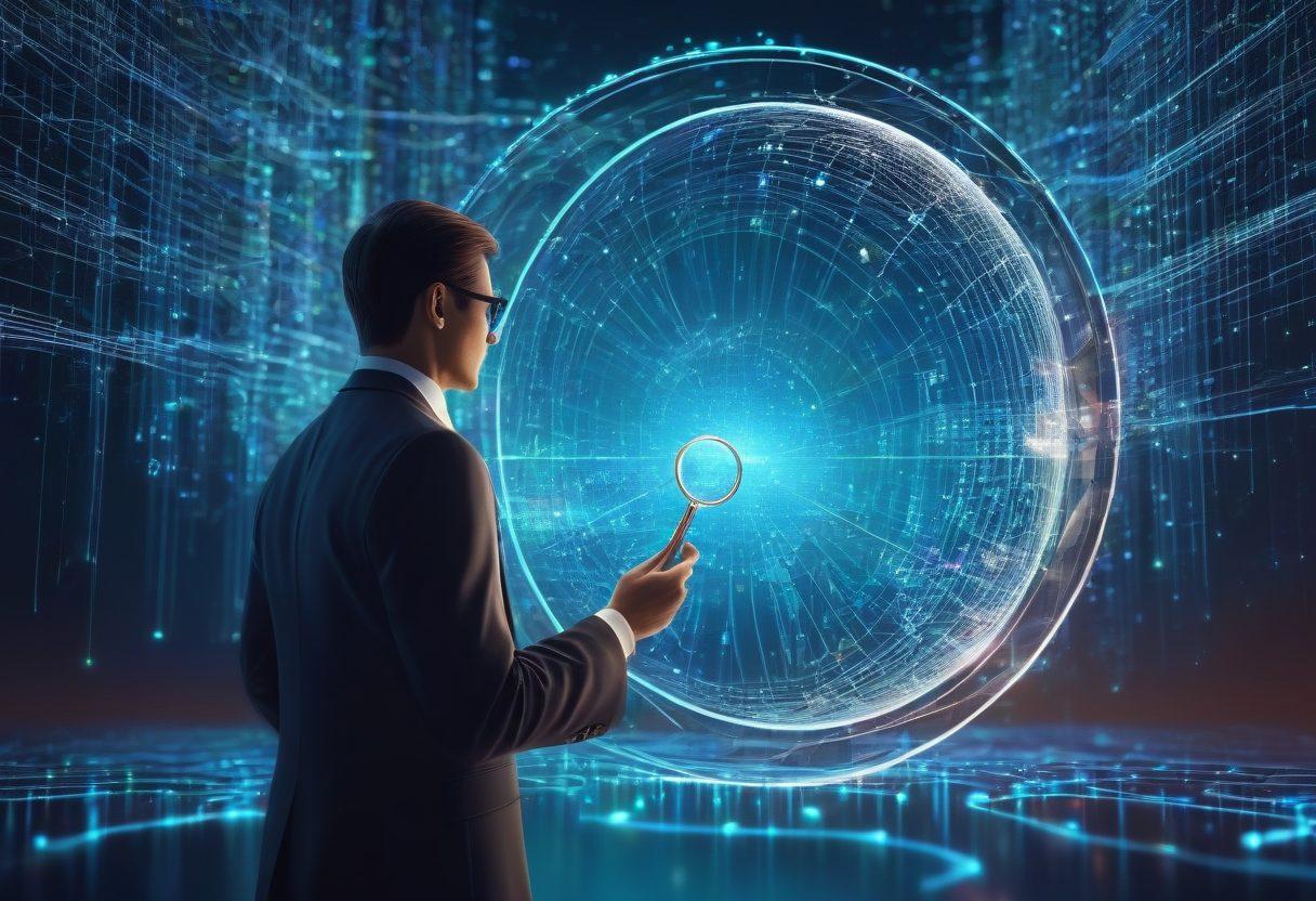A majestic empire built with interconnected digital nodes and domains, symbolizing the vastness of cyberspace. A businessperson evaluating the domains with a magnifying glass, surrounded by digital data streams and binary codes. Ethereal light highlights key areas showing growth and expansion. 3D, futuristic, vibrant colors.